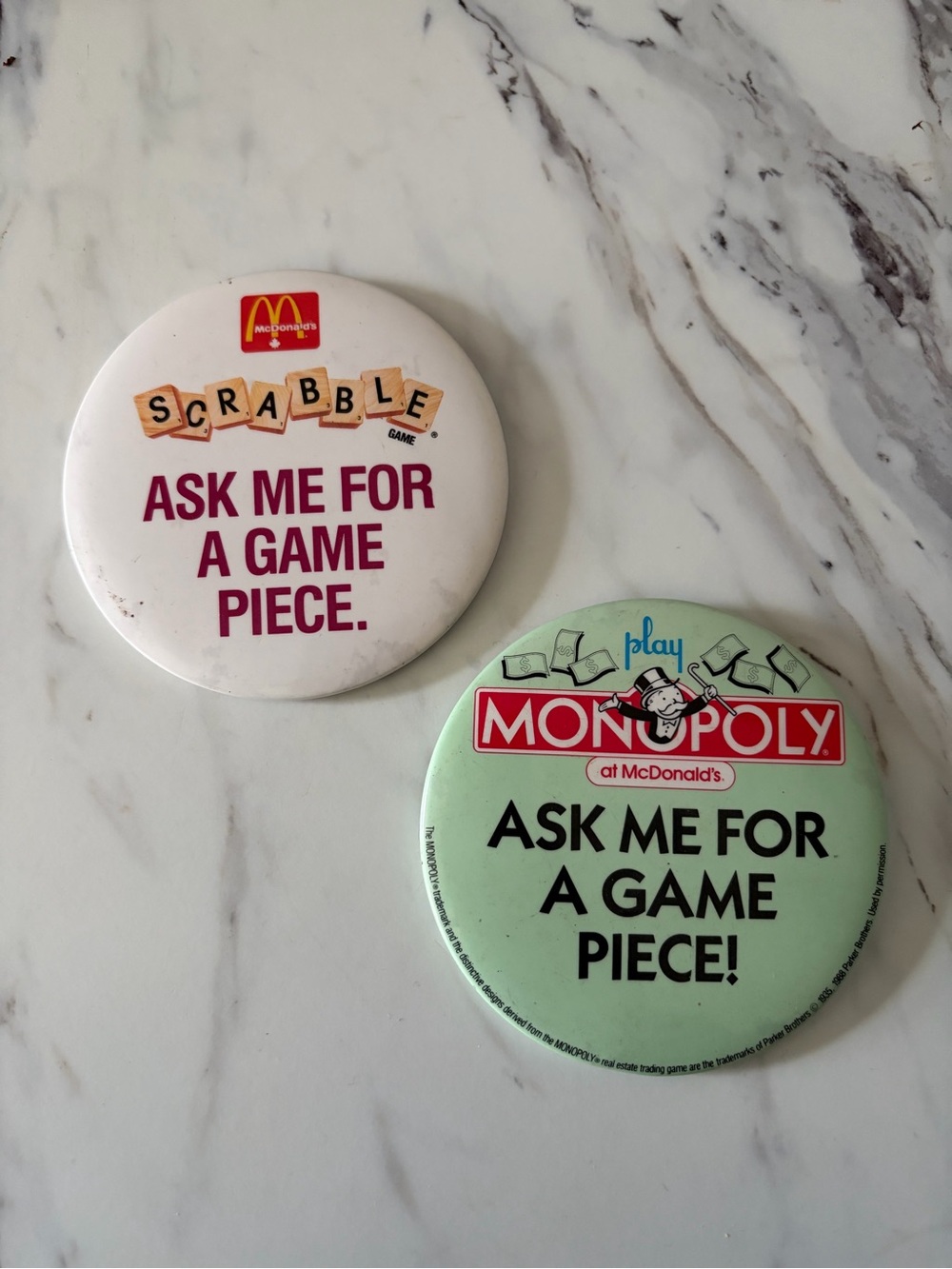 McDonald's Monopoly and Scrabble Promo Buttons - Green and White
